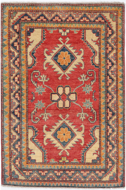 Hand-Knotted Tribal Kazak Carpet 3'.3" X 4'.11" Tribal, Red Fine Wool Accent Rug 3x5