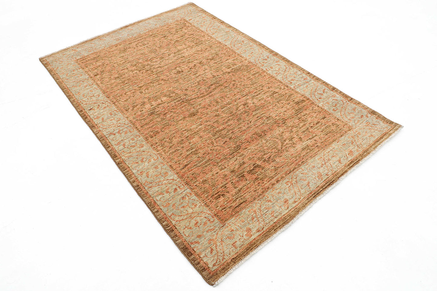 Hand-Knotted Oushak Carpet 4'.1" X 6'.1" Traditional, Green Fine Wool Area Rug 4x6