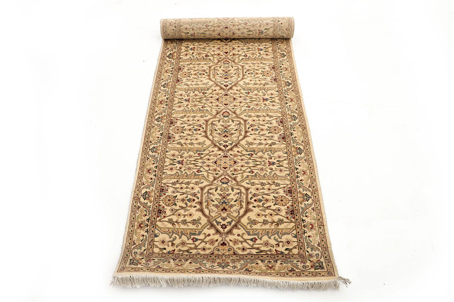 Hand-Knotted Lahore Carpet 2'.8" X 9'.1" Oriental, Ivory Fine Wool Runner Rug 2.5x10