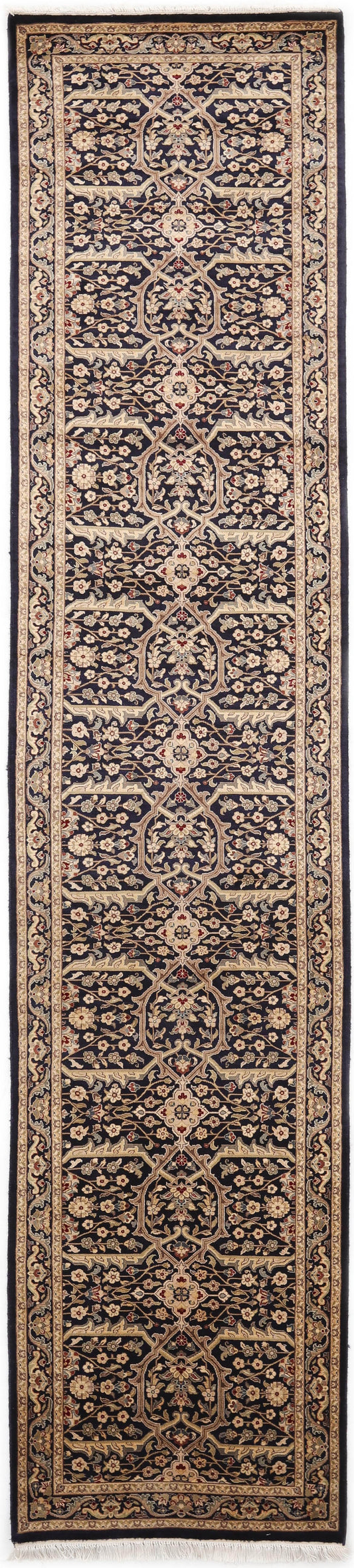Hand-Knotted Lahore Carpet 2'.8" X 12'.2" Oriental, Blue Fine Wool Runner Rug 2.5x12