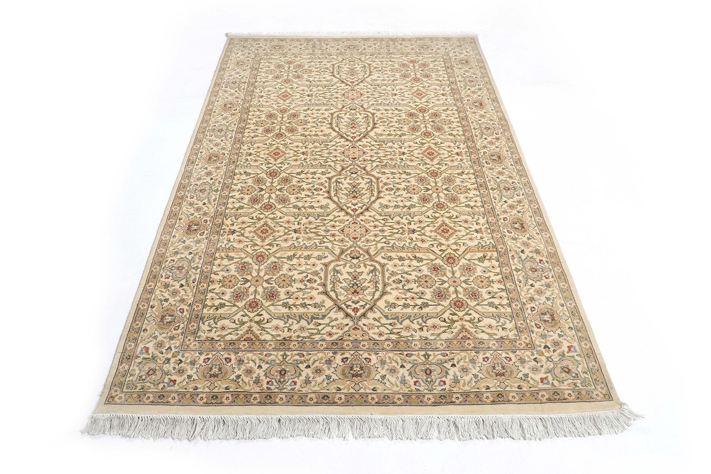 Hand-Knotted Lahore Carpet 4'.8" X 7'.3" Oriental, Ivory Fine Wool Area Rug 5x7