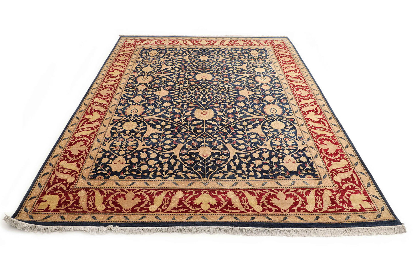 Hand-Knotted Lahore Carpet 9'.1" X 11'.10" Oriental, Red Fine Wool Area Rug 9x12