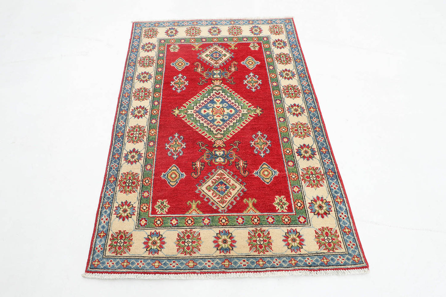 Hand-Knotted Tribal Kazak Carpet 5'.1" X 3'.4" Tribal, Red Fine Wool Area Rug 3x5