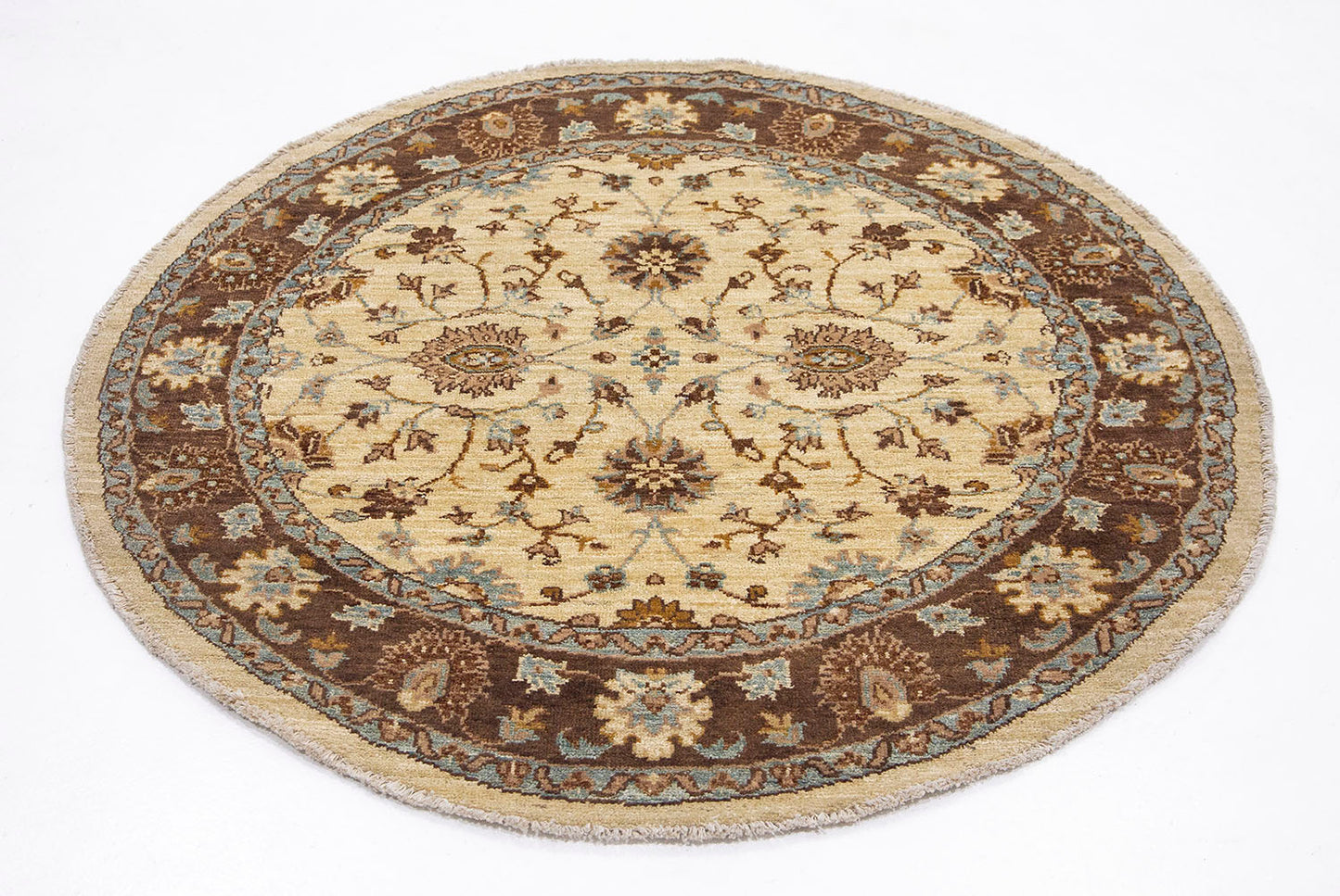 Hand-Knotted Oushak Carpet 4' X 4'.1" Traditional, Ivory Fine Wool Round Rug 4x4