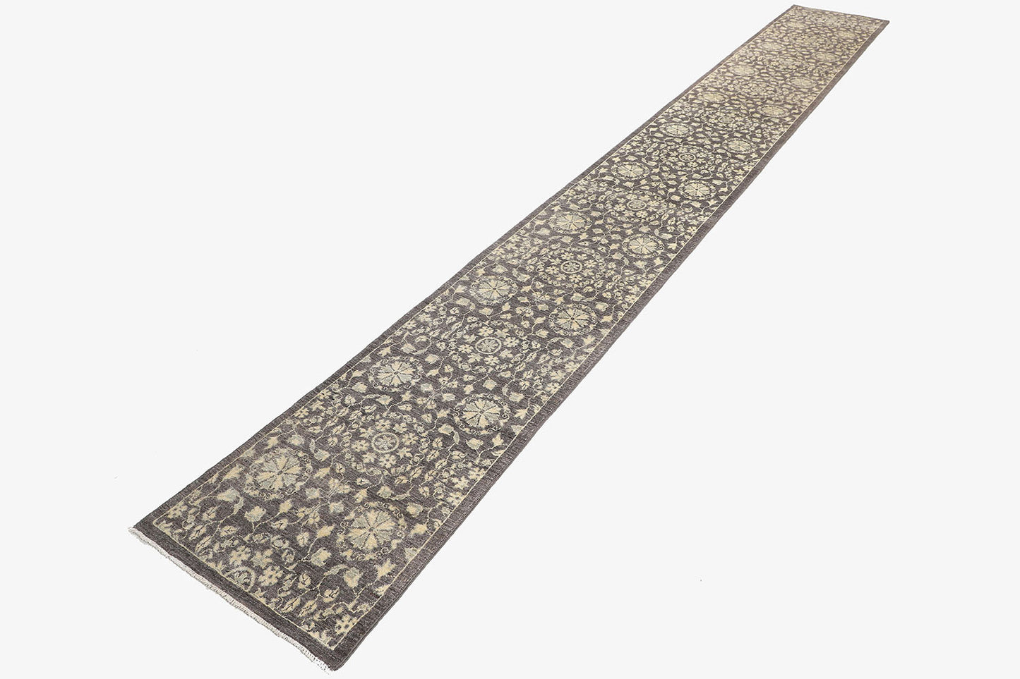 Hand-Knotted Oushak Carpet 2'.7" X 20'.1" Traditional, Grey Fine Wool Runner Rug 2.5x20