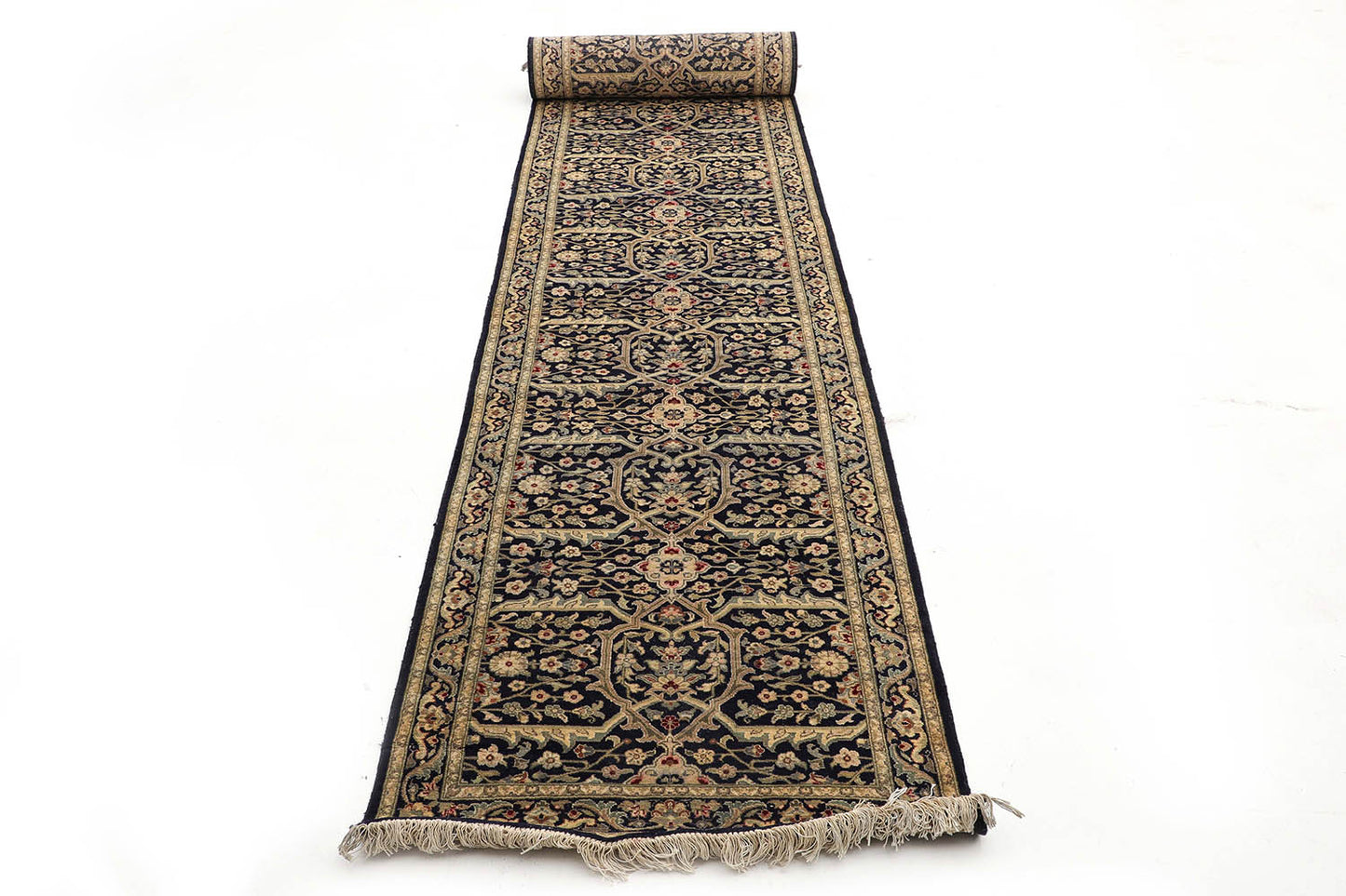 Hand-Knotted Lahore Carpet 2'.7" X 20' Oriental, Blue Fine Wool Runner Rug 2.5x20