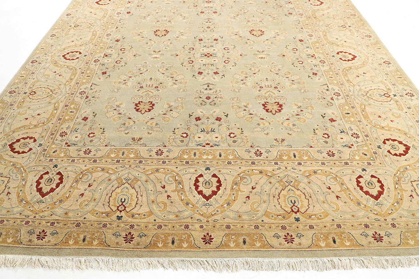 Hand-Knotted Lahore Carpet 9'.6" X 13'.5" Oriental, L/Green Fine Wool Area Rug 10x14