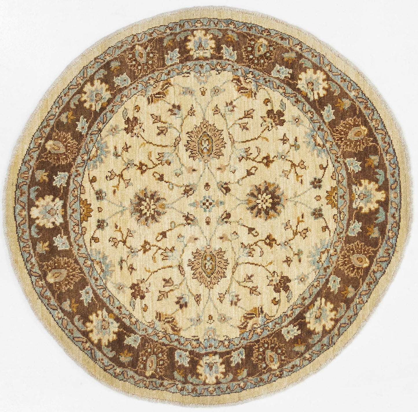 Hand-Knotted Oushak Carpet 4' X 4'.1" Traditional, Ivory Fine Wool Round Rug 4x4