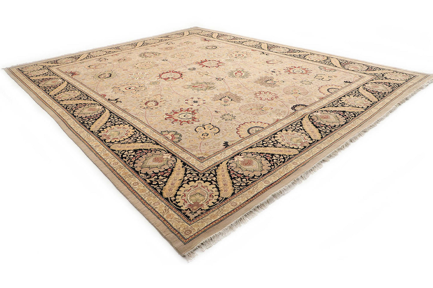 Hand-Knotted Lahore Carpet 12' X 14'.10" Oriental, Bone Fine Wool Area Rug 12x15