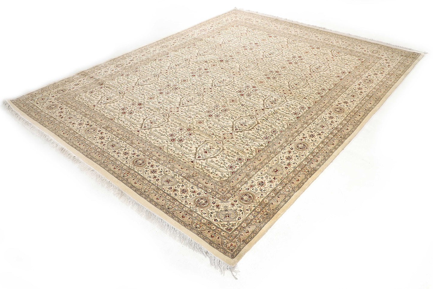 Hand-Knotted Lahore Carpet 9'.2" X 11'.10" Oriental, Ivory Fine Wool Area Rug 9x12