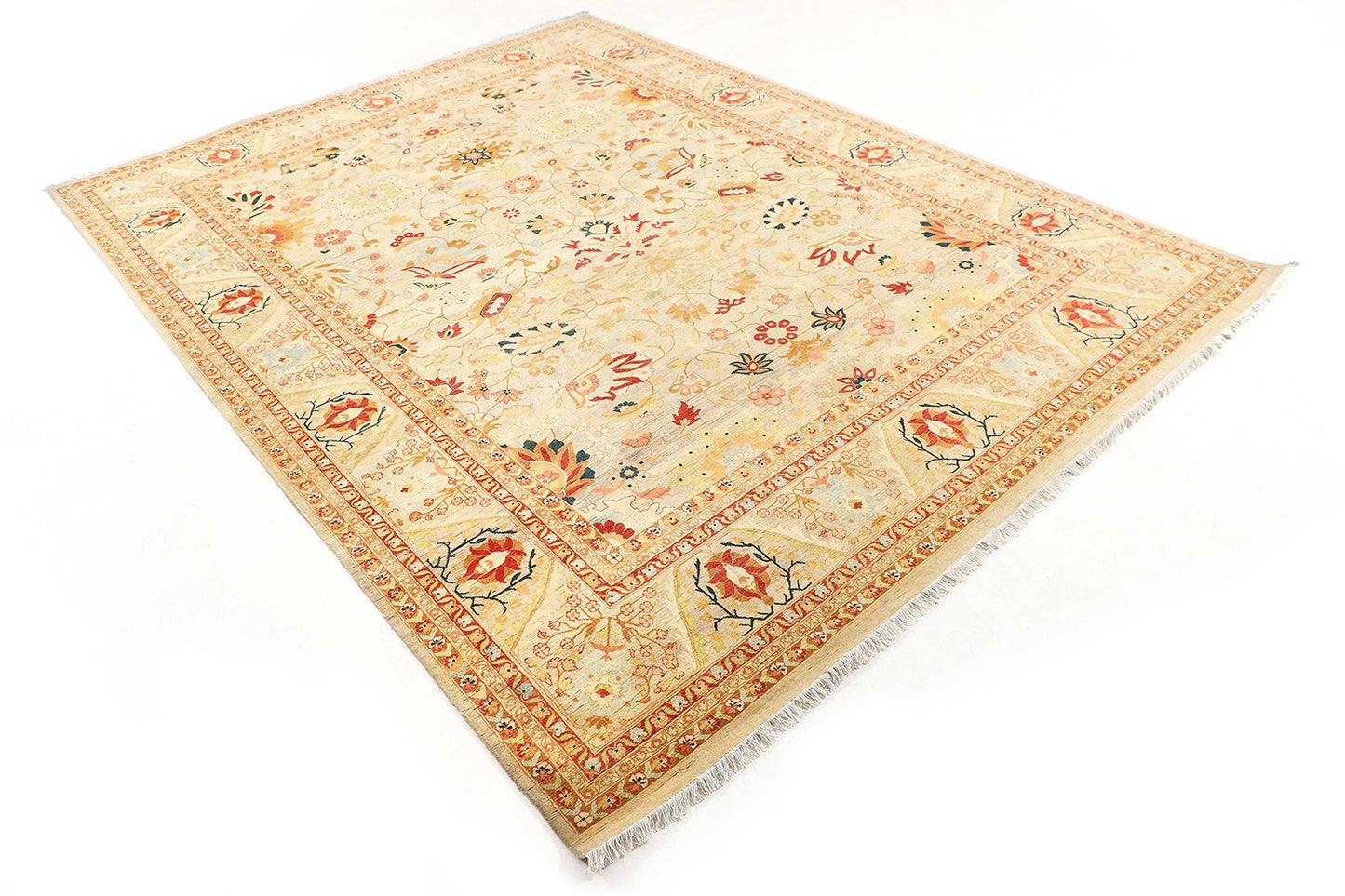 Hand-Knotted Lahore Carpet 9'.3" X 12'.4" Oriental, Beige Fine Wool Area Rug 9x12